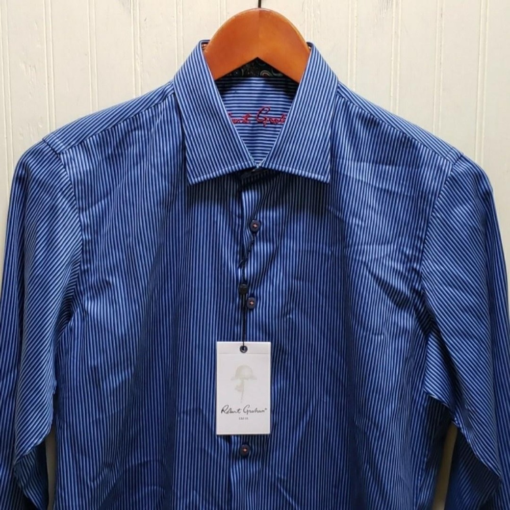 Robert Graham Shirt Boys 14-16 Blue Stripe Button Down Long‎ Sleeve Cotton